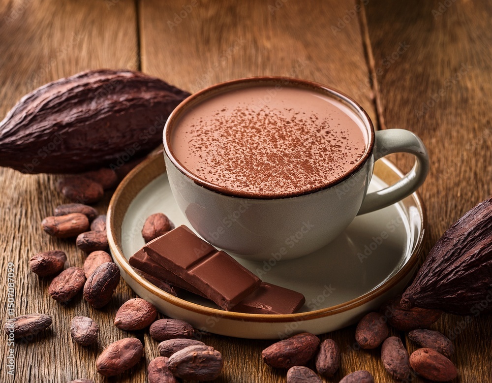Poster hot cocoa cup with cocoa beans and chocolate on rustic background