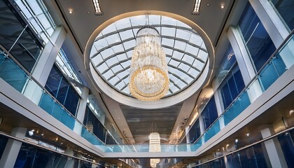 Fototapeta premium imagine a modern circular led lighting chandelier suspended from the ceiling of a sleek and contemporary commercial building its clean lines