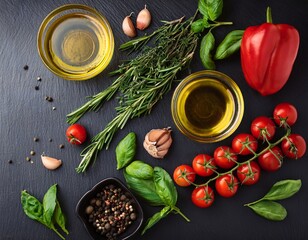 ingredients for cooking food on a black slate table a top view of fresh rosemary coriander basil cherry tomatoes peppers olive oil spices herbs and vegetables
