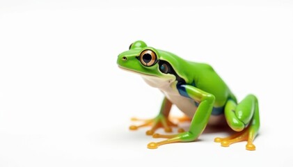 Obraz premium Single bright green frog on pure white backdrop, simple, animal, wildlife