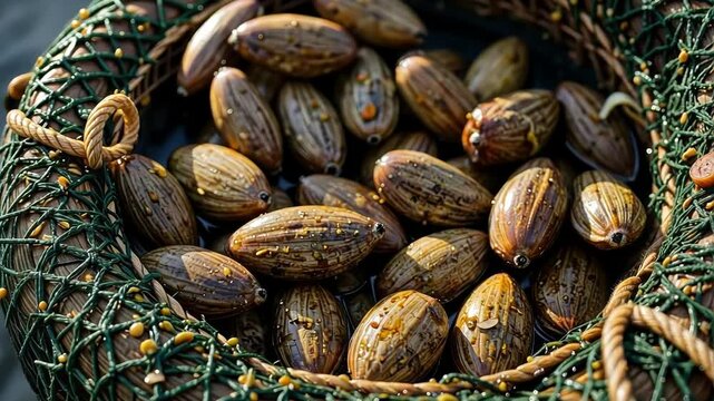 Freshly harvested castor beans in a woven basket  
