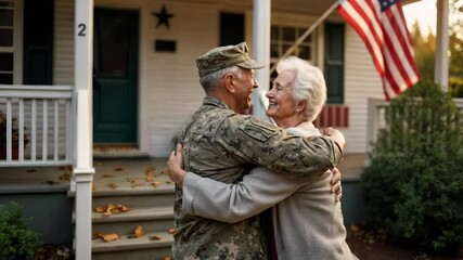 Elderly couple embracing in front of house with American flag - Powered by Adobe