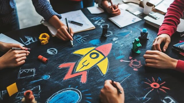 Collaborative brainstorming session with colorful rocket drawing