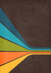 1970s background pattern. Vintage colored perspective stripes on bleached out paper texture.