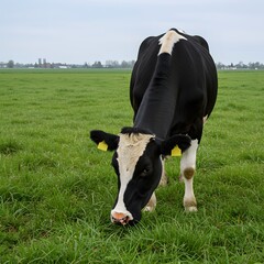 Black and white cow grazing in green pasture