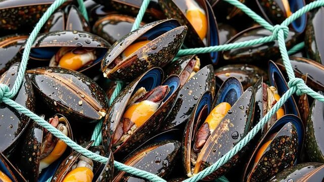 Fresh mussels collected in netting for seafood preparation  