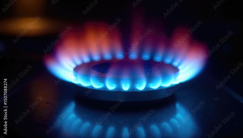 Wall mural close-up shot of a vibrant blue and orange gas burner flame, flickering intensely against a dark bac