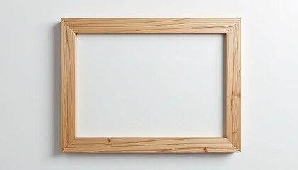 Empty light brown wooden picture frame against a white background.