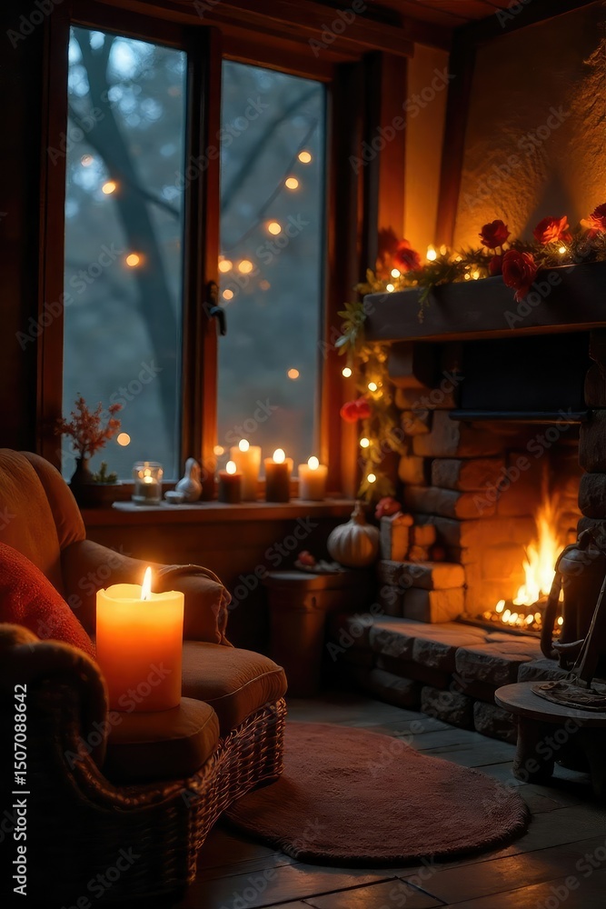 Wall mural cozy autumn evening scene with flickering candlelight illuminating warm, inviting interior, perfect 