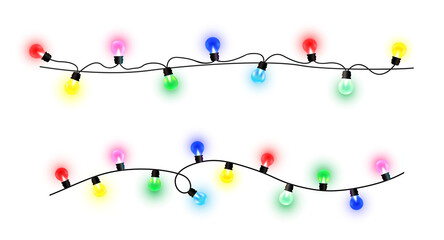 Realistic glowing Christmas garland vector on transparent background. Bright festive lights in seamless colourful string. Holiday border banner PNG for decor, celebration or card design. © Ольга Боярина