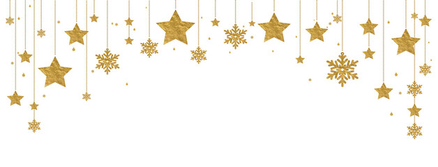Festive PNG banner with shiny gold bunting, flags, stars, garlands. Perfect for New Year, birthday or Christmas party decoration, luxury celebration, or invitation overlay
