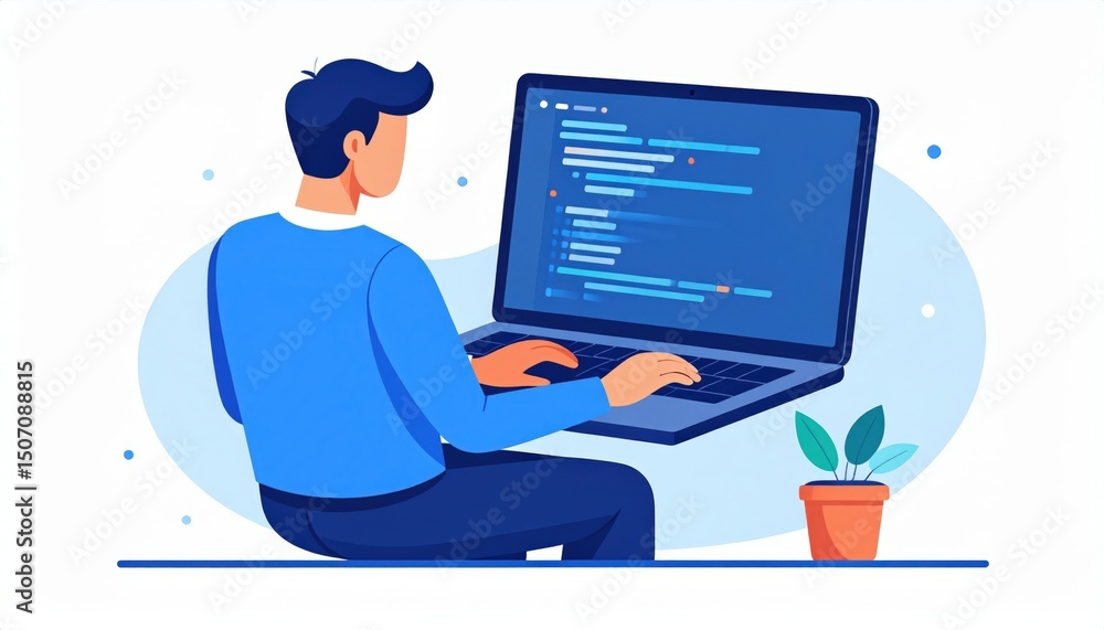 Poster man coding on laptop