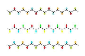 Realistic glowing Christmas garland vector on transparent background. Bright festive lights in seamless colourful string. Holiday border banner PNG for decor, celebration or card design.