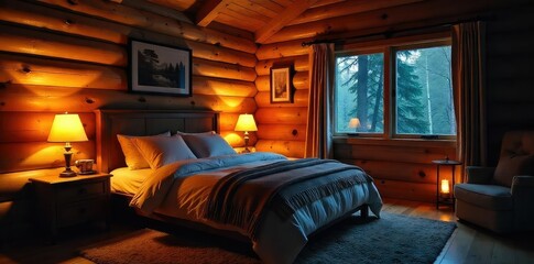 Cozy cabin interior illuminated by warm, inviting lamps and strategically placed lighting, creating a relaxing atmosphere perfect for a restful night's sleep , home, furniture