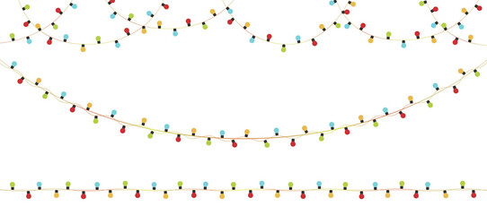 String of Christmas lights in vector clipart style with colorful bulbs overlay style. PNG illustration for festive decor, borders, cards, or holiday design with transparent background.