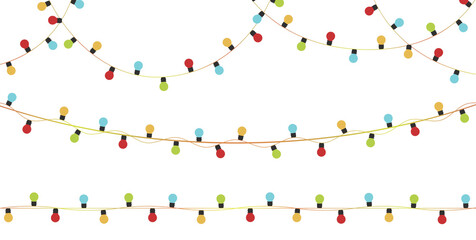 String of Christmas lights in vector clipart style with colorful bulbs overlay style. PNG illustration for festive decor, borders, cards, or holiday design with transparent background.