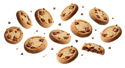 Chocolate Chip Cookies in Motion Against a Clean White Backdrop