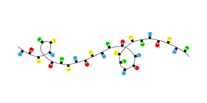 String of Christmas lights in vector clipart style with colorful bulbs overlay style. PNG illustration for festive decor, borders, cards, or holiday design with transparent background.