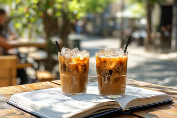 Two glasses of iced coffee with a book on a café table in front of a blurred city street, evoking a stylish summer urban lifestyle
