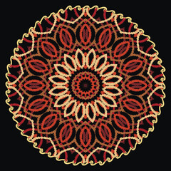 Colorful round embroidered mandala pattern with a woven thread texture in red, brown and beige tones on a black background. Intricate ornamental symmetry resembling embroidery or crochet work.
