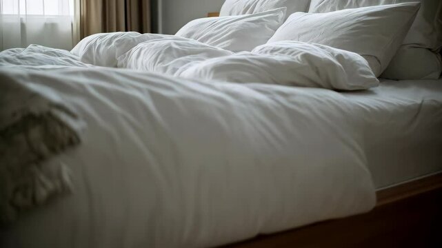Cozy bed with rumpled white linens and soft pillows near a bright window offering a peaceful, relaxing, minimalistic hotel room scene.
