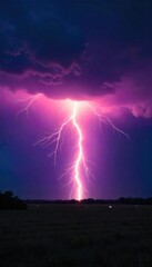 Dramatic image of a powerful lightning bolt striking the ground during a summer thunderstorm The bright flash illuminates the dark sky and surrounding landscape , bright, electrical discharge, clouds