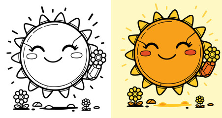 A cartoon sun with a flower in its hand. The sun is smiling and the flower is happy