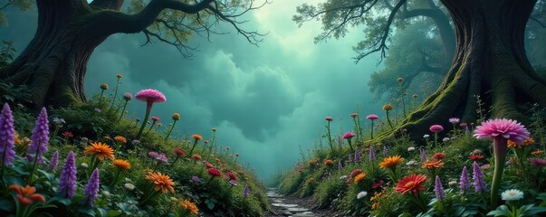 Fototapeta premium Enigmatic witch's garden brimming with mystical herbs, strange flowers, and unusual fungi under an overcast sky Perfect for Halloween, fantasy, or mystical themes , bizarre, unusual