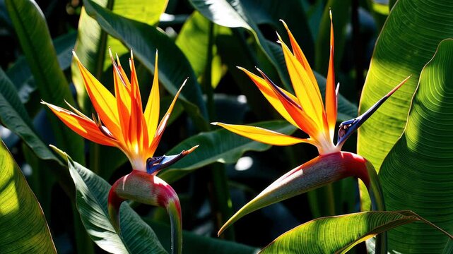 Vibrant bird of paradise flowers blooming amidst lush green foliage  