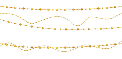Elegant PNG garland of beads, pearls, and ornaments in gold, green, and purple. Decorative border for holiday, Christmas, fashion, and greeting design. Shiny, seamless, and festive.