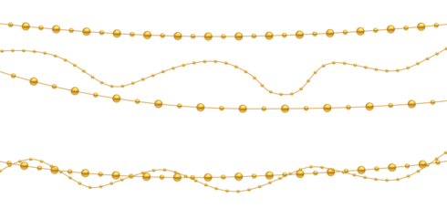 Elegant PNG garland of beads, pearls, and ornaments in gold, green, and purple. Decorative border for holiday, Christmas, fashion, and greeting design. Shiny, seamless, and festive.