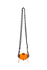 Stylish orange leather micro bag with black chain strap on white background