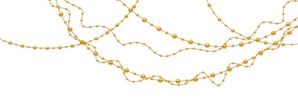 Elegant PNG garland of beads, pearls, and ornaments in gold, green, and purple. Decorative border for holiday, Christmas, fashion, and greeting design. Shiny, seamless, and festive.