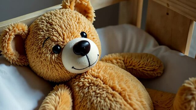 Teddy bear lying in crib, stuffed toy in children bedroom. AI Generative