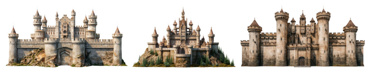 Fototapeta premium PNG Majestic medieval fantasy castles, element set on transparent background
