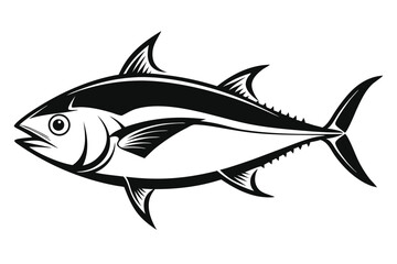 Tuna Fish Black and White Vector Illustration, Swimming Marine Animal Design Silhouette