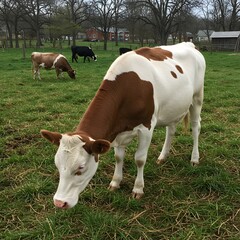 Brown and white cow grazing in a pasture