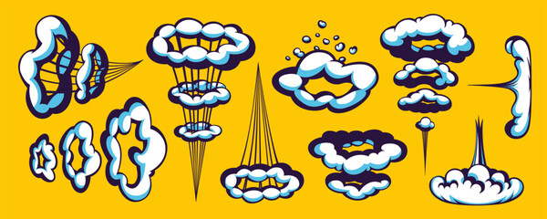 Comic cloud explosion with cartoon speed lines, motion effect, and smoke puffs on yellow background. Cartoon and comic cloud elements for dynamic motion effect. Perfect for comics, games, posters