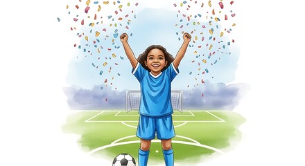 Fototapeta premium A happy soccer player celebrates victory with confetti