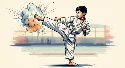 Young karate practitioner demonstrating powerful martial art techniques