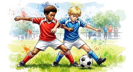 Naklejka premium Two young soccer players in a match with the ball between them