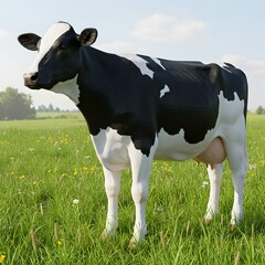 Holstein cow grazing in a lush green pasture