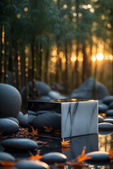 mock up presentation with empty marble stone and mirror surface and nature, wellness concept