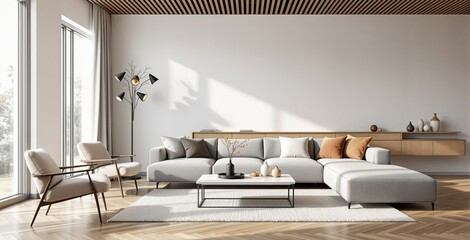 Fototapeta premium Contemporary living room interior with beige furniture, wooden elements, and natural light on a bright minimalist background. Concept of serene home. Ai generative