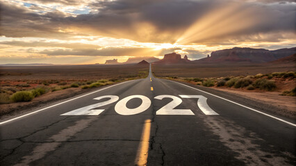 Road to the Future: A captivating vista unfolds as a long road, marked with the year "2027", stretches towards a stunning horizon, symbolizing journey and aspiration.