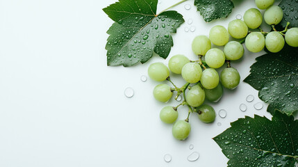 Fresh Green Grapes with Dew Drops on Lush Leaves &ndash; Close-Up of Juicy, Vibrant Fruit Highlighting Natural Texture and Refreshing Hydration Against a Clean White Background