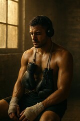 Boxeador descansando tras el entrenamiento con guantes colgados al cuello, vendajes en las manos y auriculares, en gimnasio con luz tenue