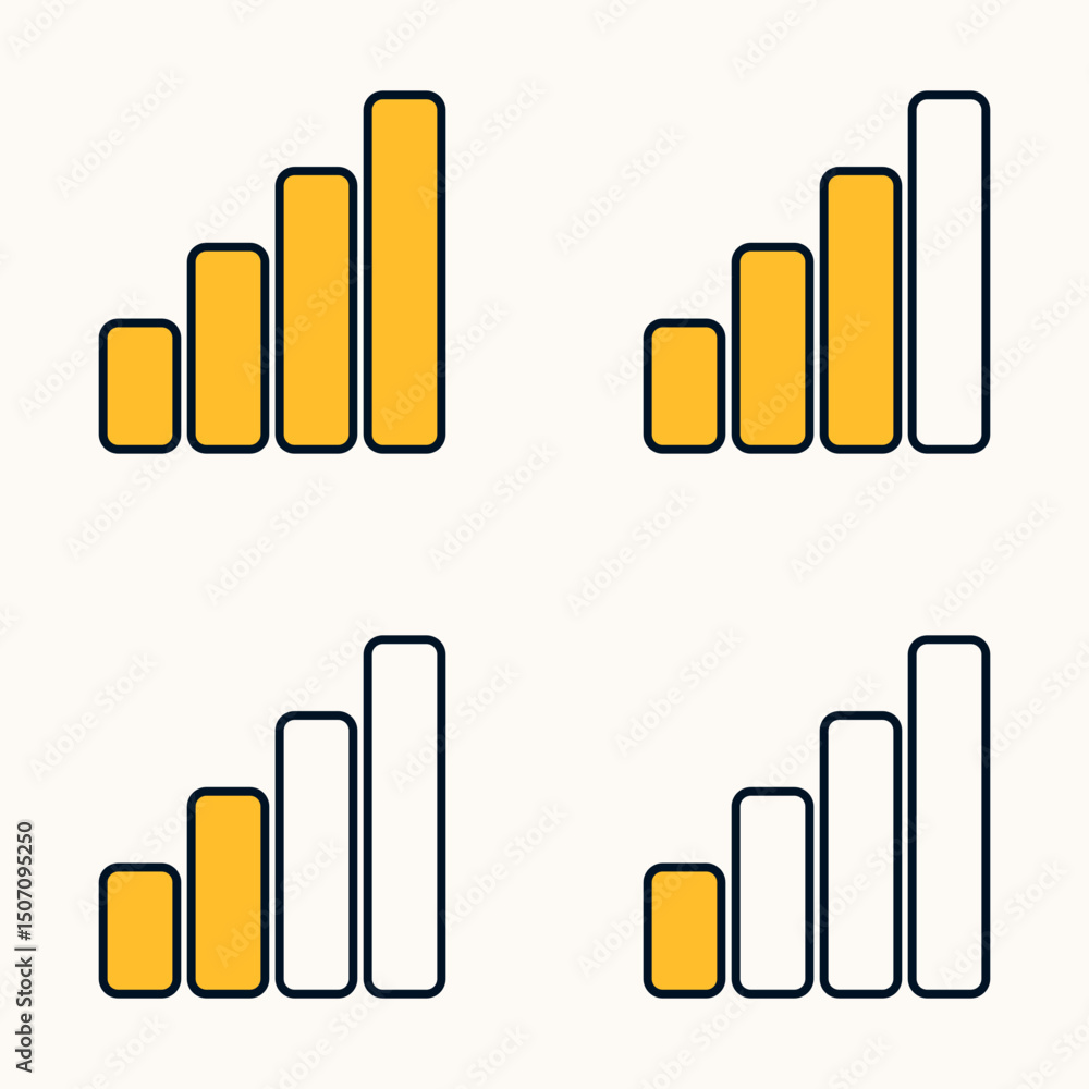 Poster flat icon collection showing wireless connectivity levels with progressive bar indicators