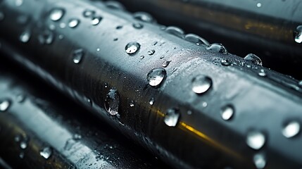 Water Droplets on Dark Pipes Surface Closeup