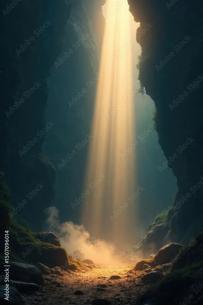 Wall mural intriguing upward beams of light pierce through a dark, atmospheric environment, creating a mystical